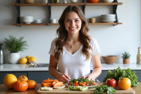 Une femme souriante préparant un repas sain avec des légumes frais