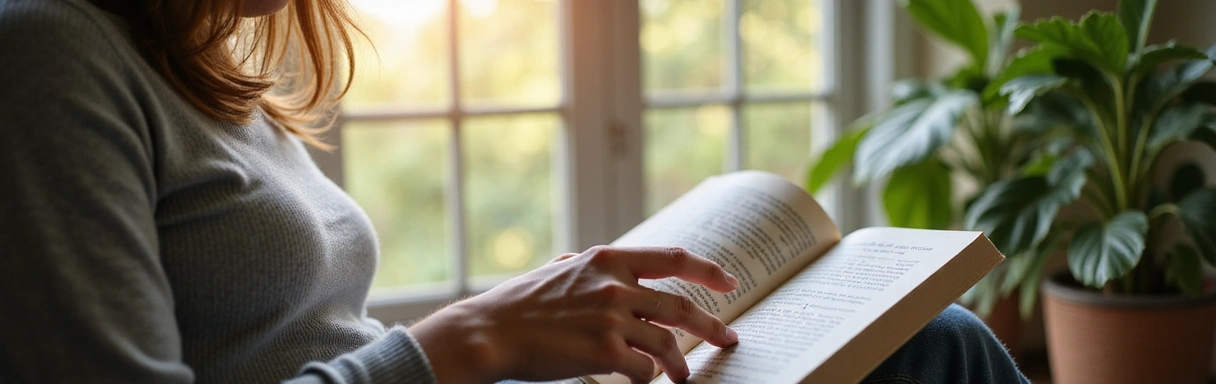 Une personne lisant un livre ou une tablette dans un cadre confortable et sain, entourée de lumière naturelle.