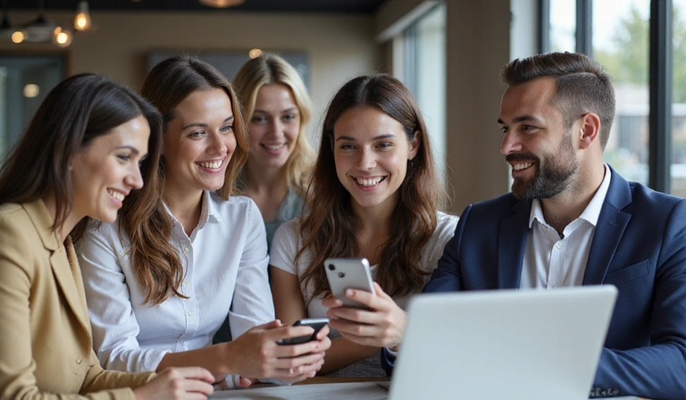 Personnes souriantes utilisant des smartphones et des ordinateurs pour se connecter