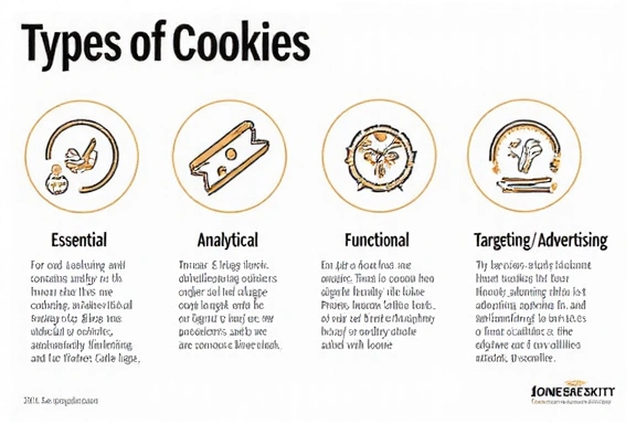 Diagramme illustrant les différents types de cookies : essentiels, analytiques, fonctionnels, et publicitaires