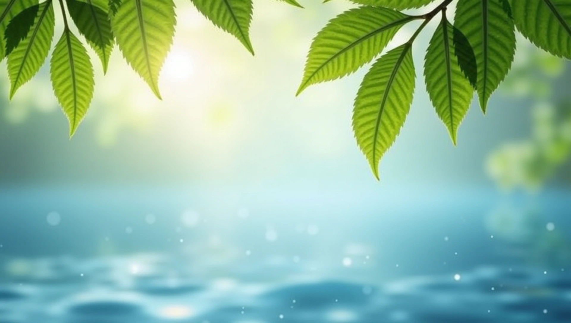 Feuilles vertes et eau calme en arrière-plan flou, symbolisant la nature et la sérénité.