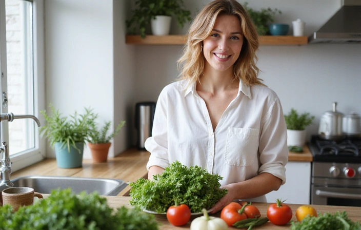 Une femme souriante préparant une salade fraîche dans une cuisine lumineuse, symbolisant la joie de manger sainement.