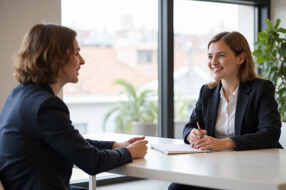 Image depicting a one-on-one consultation setting, two people talking in a professional yet warm environment.
